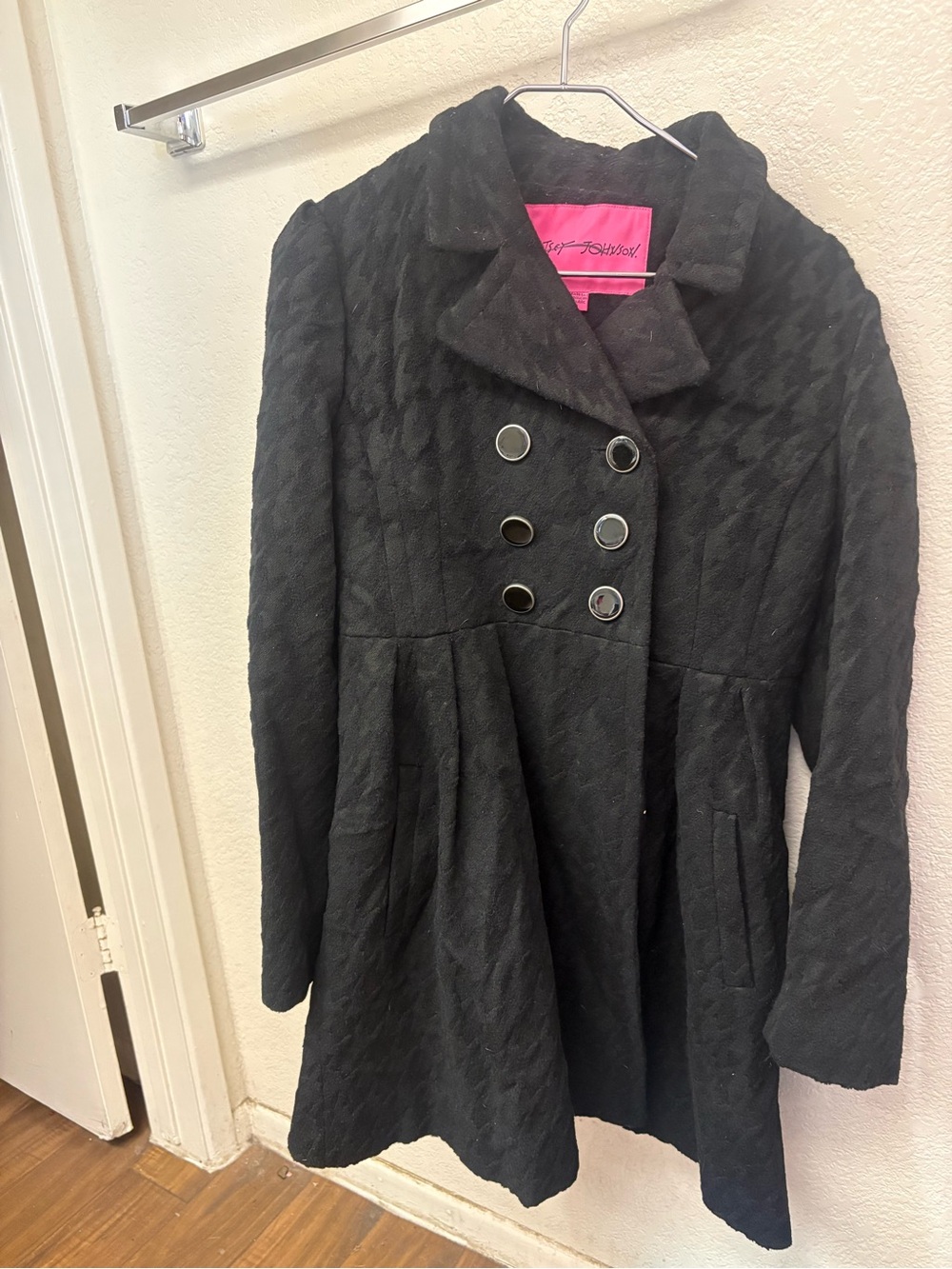 Betsey Johnson Black Double-Breasted Pea Coat with Fit-and-Flare Skirt